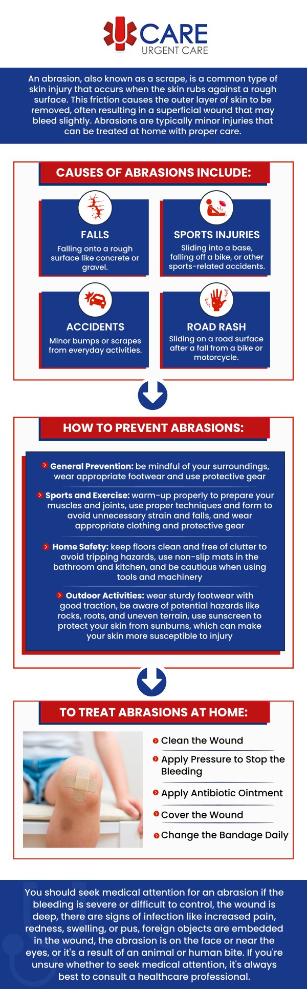 Abrasions may seem minor, but proper evaluation can help reduce discomfort and support healthy healing, especially when the skin is scraped deeply, contaminated, or continues to bleed. UCare Urgent Care and Walk-In Clinic provides convenient walk-in evaluation for non-emergency abrasions, helping patients receive timely wound care and guidance based on the severity and location of the injury. Our professional medical team can assess the affected area, clean and protect the wound when appropriate, and determine whether additional care is needed to lower the risk of complications. For more information, contact us or book an schedule an appointment. We are conveniently located at 13472 Eastlake Blvd, Horizon City, TX 79928. 
