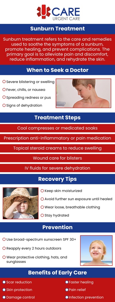 Common questions asked by patients: What causes sunburn? What are the common symptoms of sunburn? When should I see a doctor for sunburn? How can I prevent sunburn?
Our experienced doctors at UCare Urgent Care and Walk-In Clinic offer professional care for sunburn, helping to relieve pain and prevent complications. We provide personalized treatment plans to support your skin’s healing and protect your overall health. Contact us today for more information. We are a walk-in clinic located at Horizon City TX, on North Zaragoza Rd. in El Paso TX, and on Lee Trevino Dr. in El Paso TX. We serve patients from El Paso TX, Horizon City TX, Lee Trevino Drive TX, Fort Bliss TX, Mission Valley TX, Resler Canyon TX, Alfalfa TX, Montwood TX, and BEYOND.