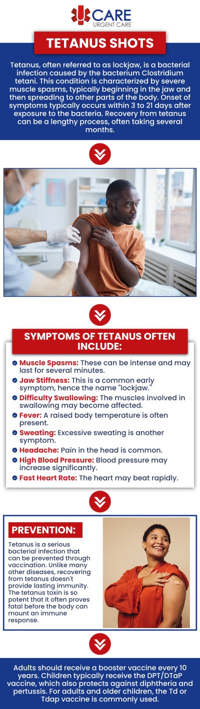 If you need a tetanus shot in El Paso, TX, you have several options for receiving the vaccination at urgent care clinics. Tetanus shots are typically offered as part of routine health care or following an injury that could expose you to the bacteria. UCare Clinics provide easy access to this vaccine, often without the need for an appointment. For more information, contact us today! We are conveniently located on North Zaragoza Rd. in El Paso, TX, and on Lee Trevino Dr. in El Paso, TX. If you need a tetanus shot in El Paso, TX, you have several options for receiving the vaccination at urgent care clinics. Tetanus shots are typically offered as part of routine health care or following an injury that could expose you to the bacteria. UCare Clinics provide easy access to this vaccine, often without the need for an appointment. For more information, contact us today! We are conveniently located on North Zaragoza Rd. in El Paso, TX, and on Lee Trevino Dr. in El Paso, TX.