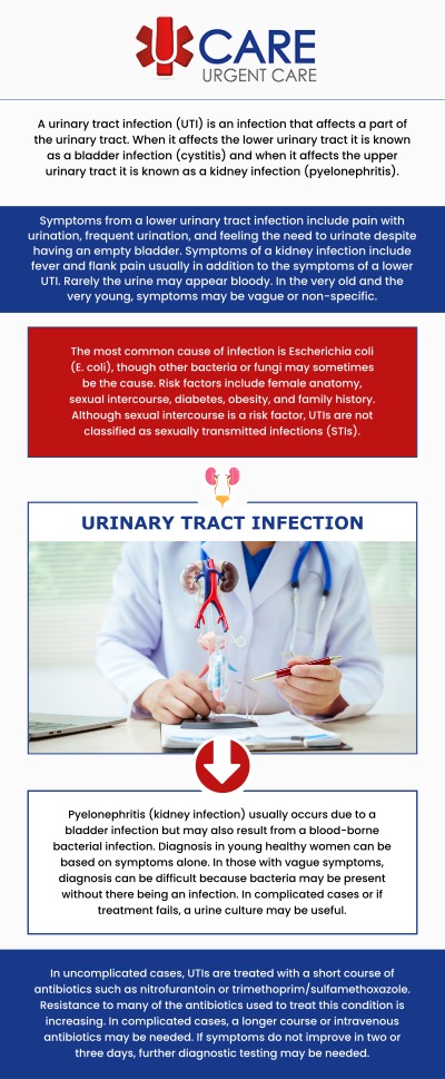 If you would like more information about urinary tract infections or require UTI treatment, we welcome you to come to UCare Urgent Care and Walk-In Clinic! Our medical doctors or practitioners would be pleased to provide you with UTI treatment. Contact us today for more information. We are conveniently located at Horizon City TX, on North Zaragoza Rd. in El Paso TX, and on Lee Trevino Dr. in El Paso TX. If you would like more information about urinary tract infections or require UTI treatment, we welcome you to come to UCare Urgent Care and Walk-In Clinic! Our medical doctors or practitioners would be pleased to provide you with UTI treatment. Contact us today for more information. We are conveniently located at Horizon City TX, on North Zaragoza Rd. in El Paso TX, and on Lee Trevino Dr. in El Paso TX.